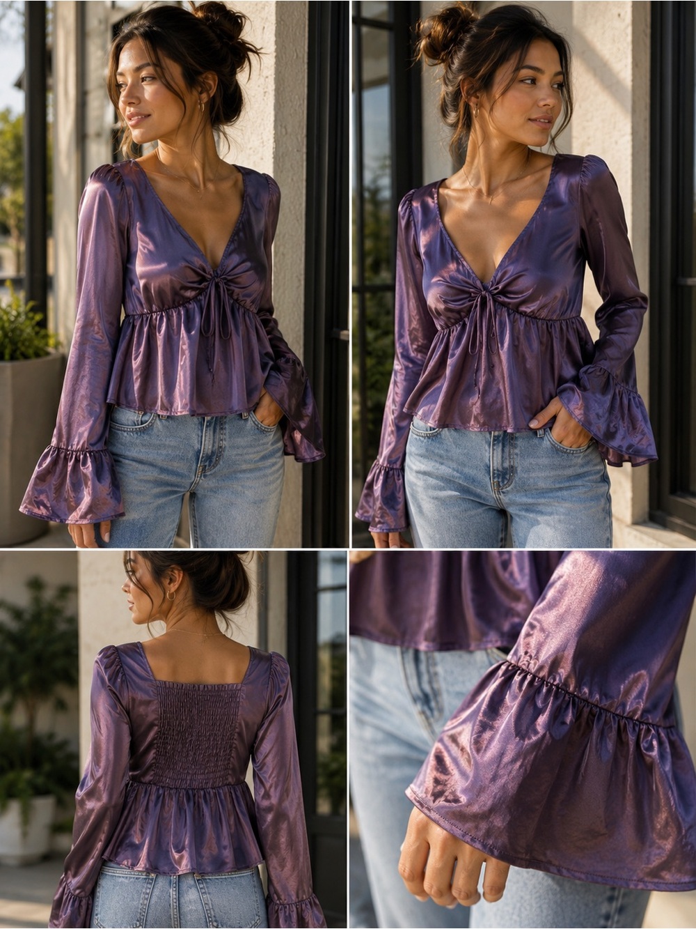 Altar’d State Purple Satin Peplum Blouse Bell Sleeve Top Size M